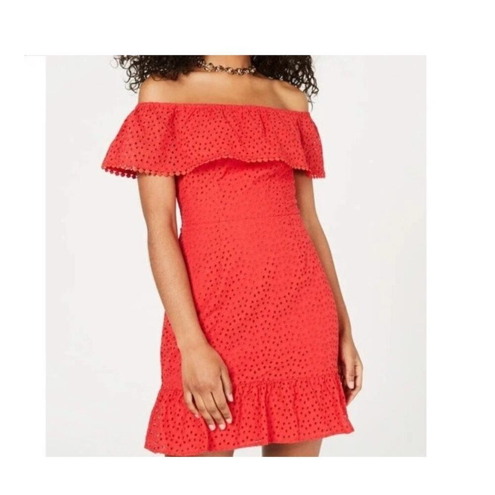 City Studio Red Off Shoulder Eyelet Mini Dress Size 1